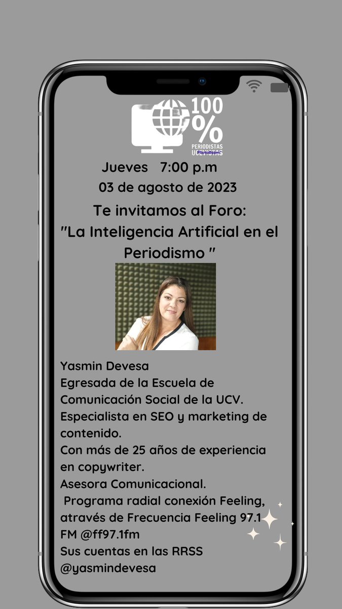 Hoy estará en nuestro Foro chat semanal,la periodista @yasmindevesa , especialista en creación de contenido y copywriter, ella nos hablará de la inteligencia artificial en el periodismo.#Periodismo #inteligenciartificial #forochat