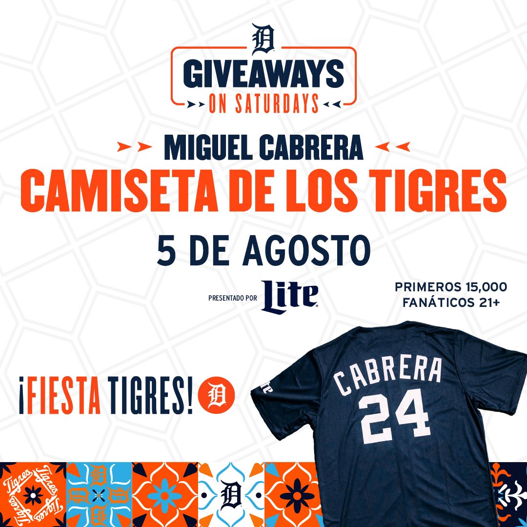 ¡Fiesta Tigres es este sábado! Los primeros 15,000 fanáticos 21+ recibirán una camiseta de Miguel Cabrera. 

¡Hazle RETWEET para poder tener la oportunidad de ganar una! 

🎟️Compra tus boletos aquí: atmlb.com/3OnGwU8