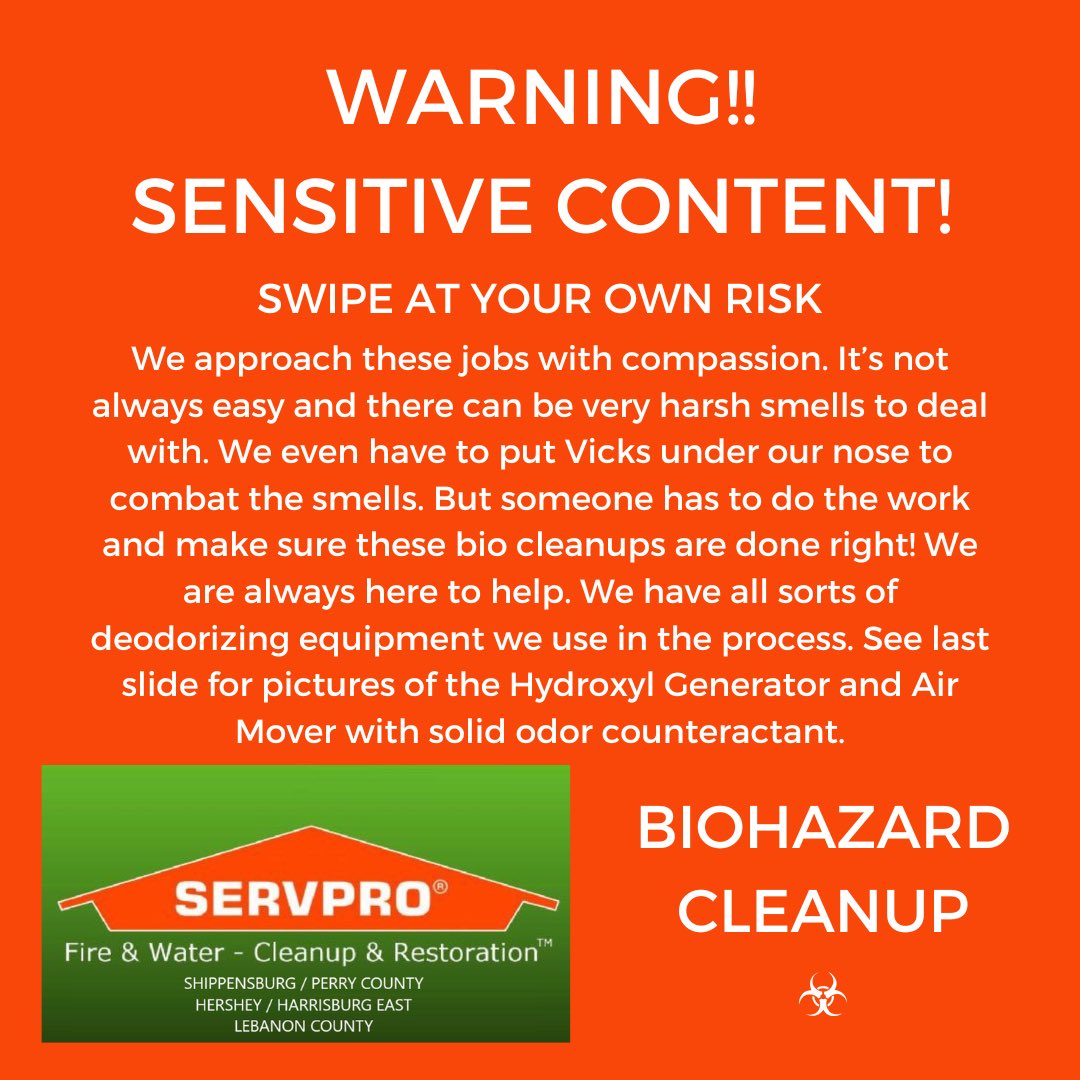 HersheyServpro's tweet photo. Biohazard clean-up
#restoration #remediation #servpro #watermitigation #waterremediation #moldremediation #firedamagerestorationservice #firedamagecleanup https://t.co/vZu4vNQVY0