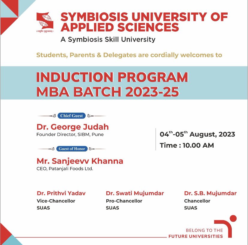 SUAS_Indore's tweet photo. We are thrilled to extend a warm invitation to the Induction Ceremony for MBA at SUAS! 
We are honored to have Dr. George Judah,Founder Director of SIBM Pune, as our Chief Guest. His expertise in the industry is sure to inspire and guide you on your path to success. https://t.co/z4BwPjq034