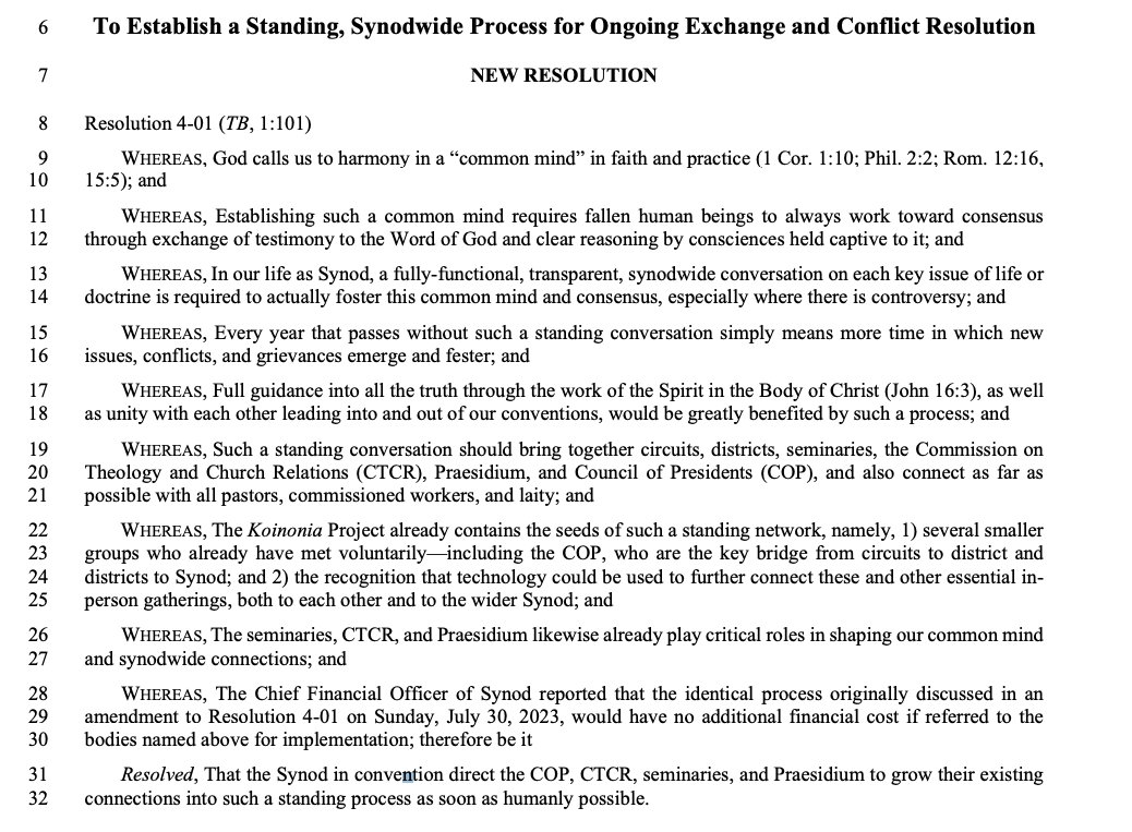 Motion to adapt a new RESOLUTION To Establish a Standing, Synodwide Process for Ongoing Exchange and Conflict Resolution. The question has been called, ending discussion with 645 votes (96.85%)