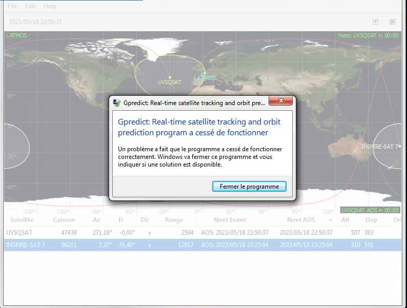 uvsqsat's tweet image. We are experiencing trouble with #Gpredict.
When satellite goes only on the horizon with EL=0, the application crashes. It has never occurred with one satellite, only since we are using #autotrack function with two satellites.
Could you help us to stabilize it?
Thanks!
73