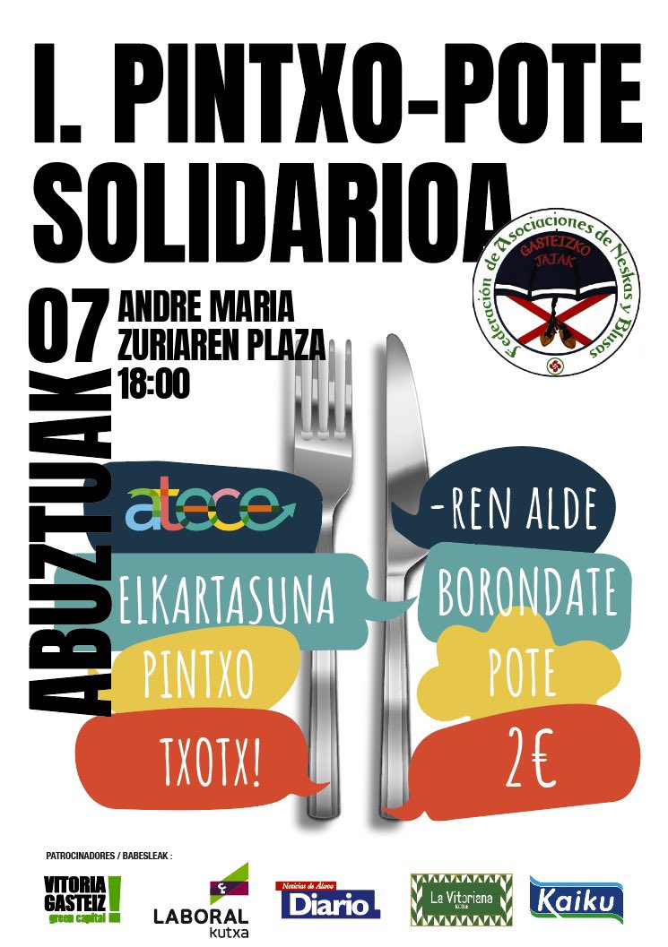 LosBainas's tweet photo. 🍏🍾I. PINTXO-POTE SOLIDARIO @ATECEARABA de la Federación de Neskas y Blusas Gasteizko Jaiak.

Este año cambiamos la gran txokolatada por pintxo-pote, de nuevo solidario con ATECE.

¡Estáis todxs invitadxs!

#GoraLosBainas #LaBlanca2023 https://t.co/nebv0P4T9D