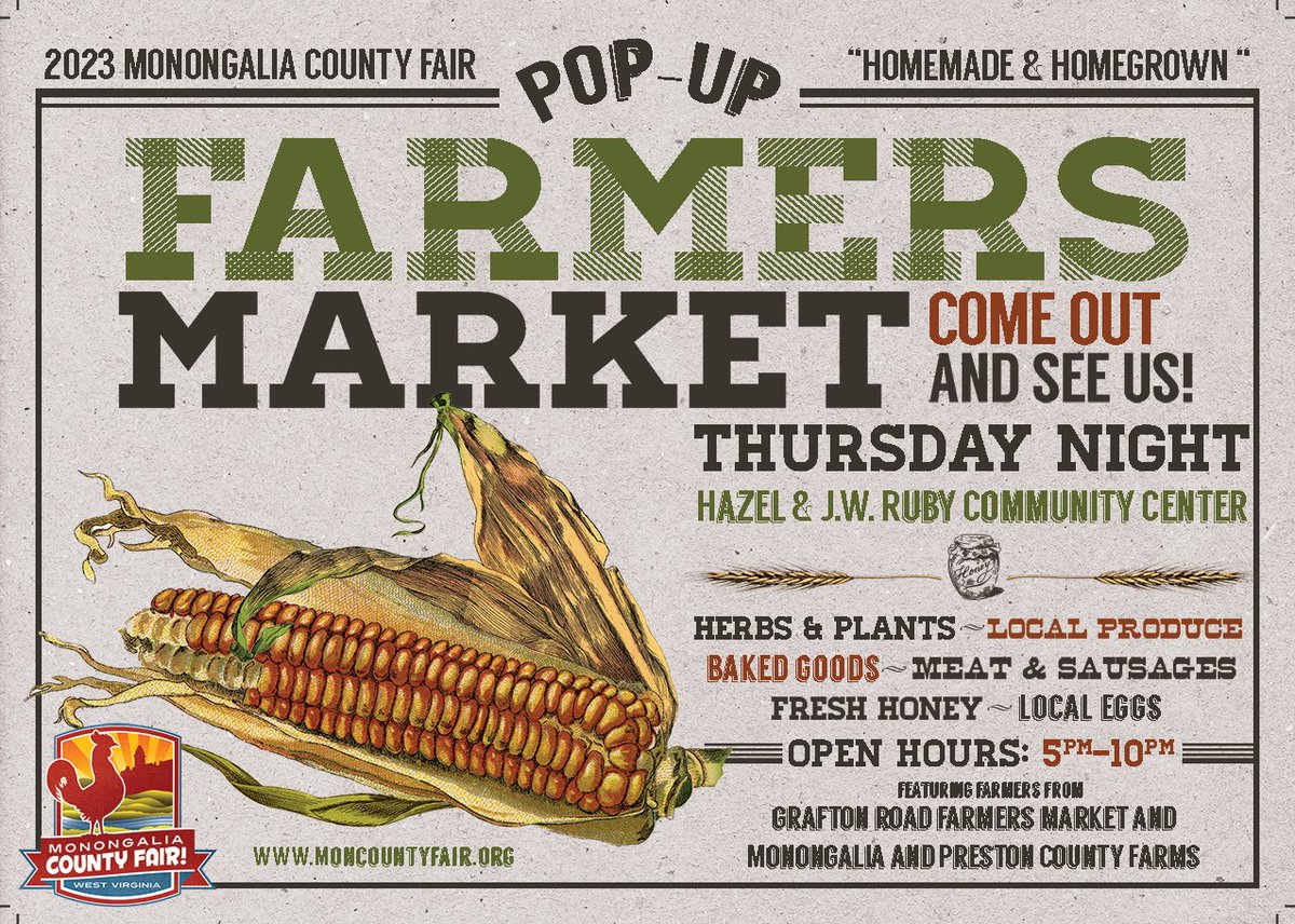MonCountyFairWV's tweet image. It's FARMERS MARKET Night!  Be sure to check out the tables from area farms inside the Ruby Community Center! Open from 5 - 10 PM today! MonCountyFair.org #moncountyfair #moncounty #morgantown #farmersmarket