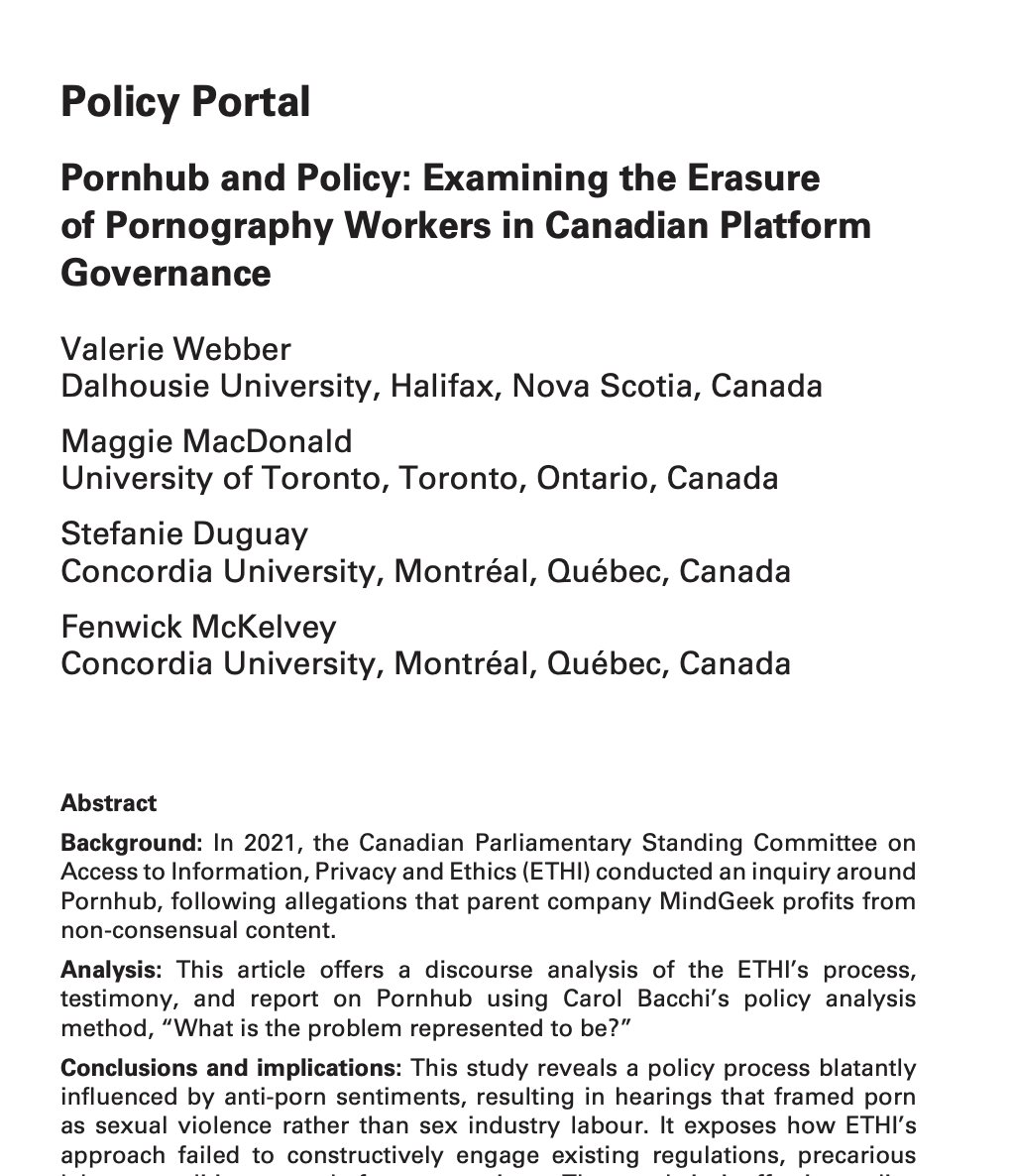 📢new article: Pornhub & Policy Platform regulation is already complicated. What happens when you throw moral panic & sex-work discrimination in the mix? proud to work on 🇨🇦 platform governance alongside the brilliant @publicpubics @DugStef @mckelveyf cjc.utpjournals.press/doi/full/10.31…