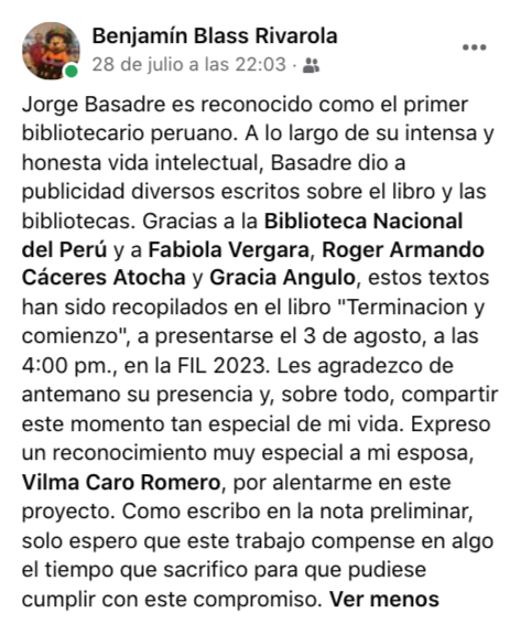 cassleidoscopio's tweet photo. Hoy, en la FIL Lima 2023, presentación de 'Terminación y comienzo. Escritos sobre el libro y las #bibliotecas de Jorge #Basadre'. Benjamín Blass, es investigador y compilador en esta publicación, además de persona gentil cuando se trata de compartir fuentes sobre la obra de JBG. https://t.co/sbBxrJxele