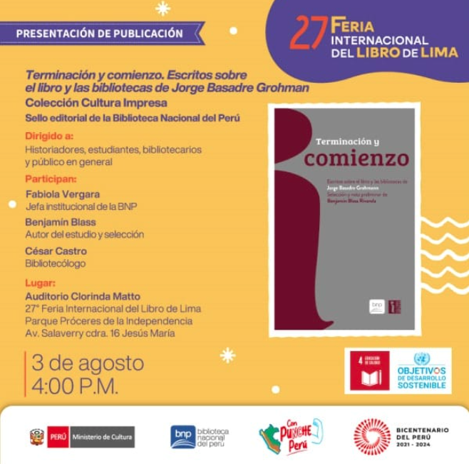cassleidoscopio's tweet photo. Hoy, en la FIL Lima 2023, presentación de 'Terminación y comienzo. Escritos sobre el libro y las #bibliotecas de Jorge #Basadre'. Benjamín Blass, es investigador y compilador en esta publicación, además de persona gentil cuando se trata de compartir fuentes sobre la obra de JBG. https://t.co/sbBxrJxele