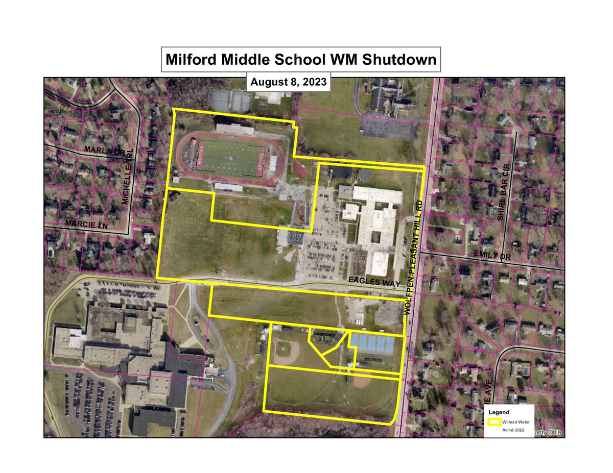 Water service will be off for about eight hours beginning at 8 a.m., Tuesday, Aug. 8, and will be restored by or before 4 p.m. due to water main tie-in work for the Milford Middle School Water Main Replacement.