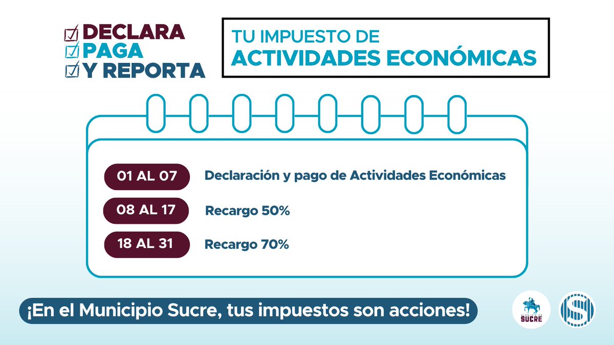 #Enterate  Contribuyente de Actividades Económica del Municipio Sucre, tienes hasta el lunes 7 para la declaración y pago del impuesto. No dejes pasar el lapso, evita recargos para tu negocio.
#SedatSucre #MunicipioSucre