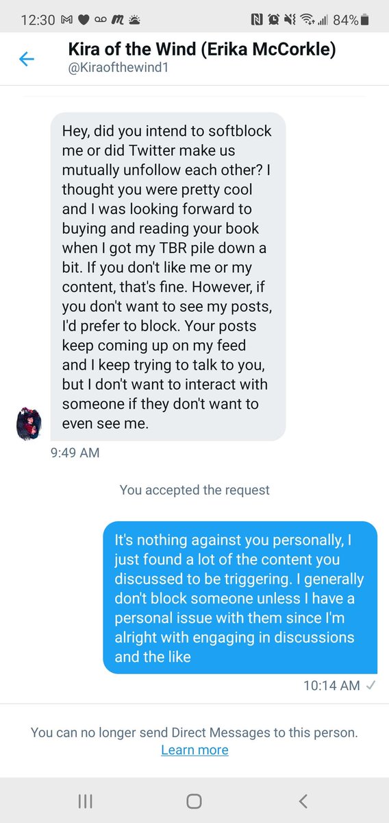 1mpavidus's tweet image. I've stayed quiet about this for years, but as I've recently learned I'm not the only person this has happened to: @/Kiraofthewind1/Erika McCorkle badmouthed me for quietly softblocking her. I lost mutuals over this and have not felt safe in the community since. More in thread: