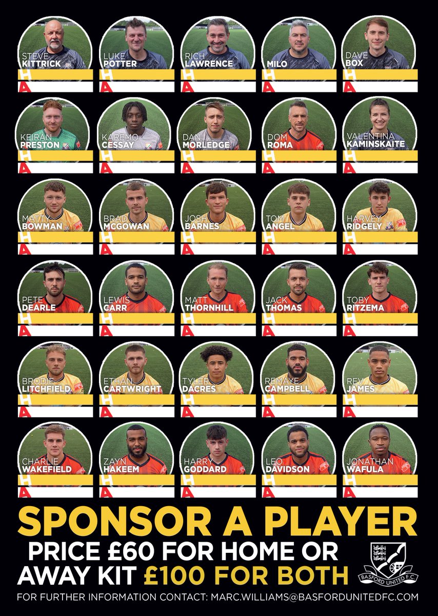 Basfordutdfc's tweet photo. Our 2023-24 home and away player sponsorships are now LIVE! 🤝

For £60, or £100 or both, you can:

📸 Have a photo with your chosen player
👕 Get free shirt number printed on replica shirt
🏆 Attend and present at end-of-season awards

📩 marc.williams@basfordunitedfc.com https://t.co/YzZMNiOyME