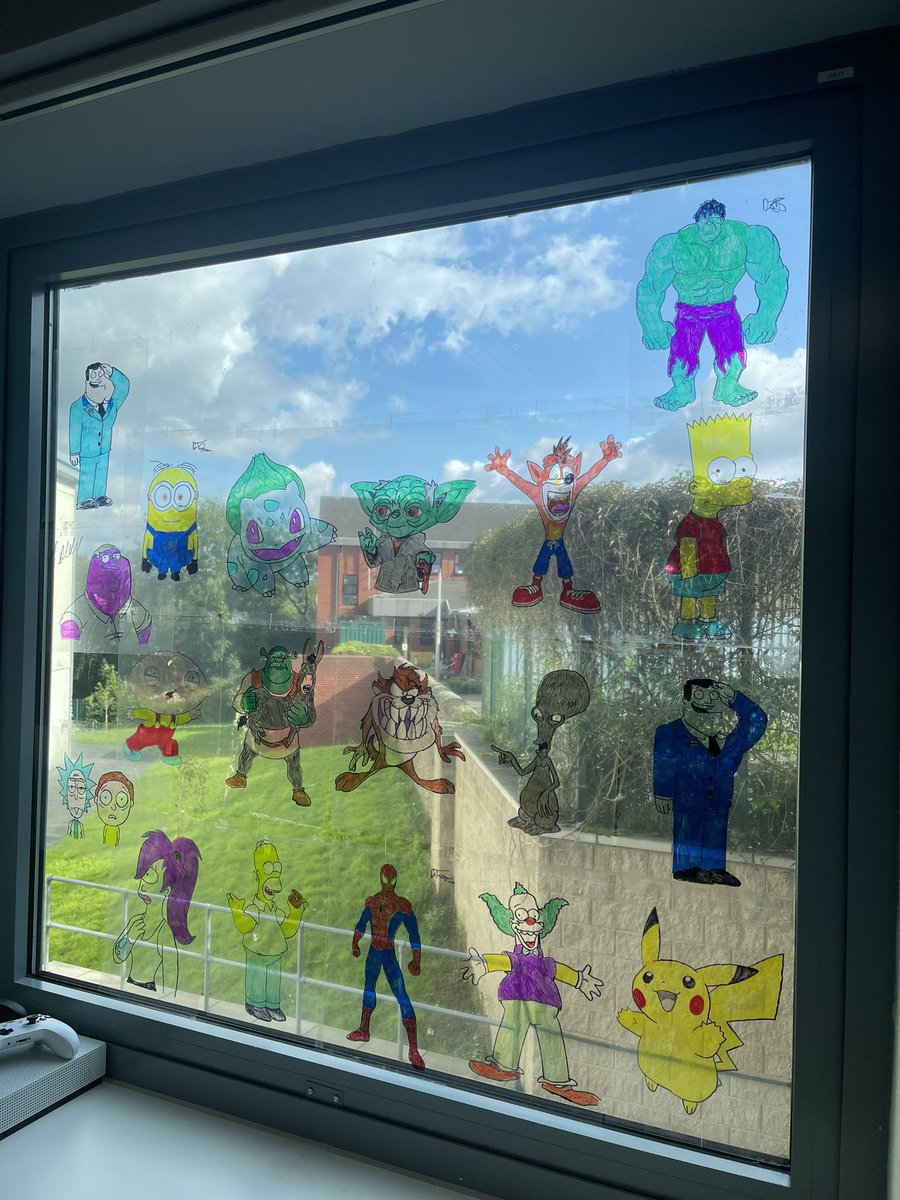 Our cartoon stained glass window is nearly finished after a whole day of art group 🎨✍🏼 My personal fave is Roger from Futurama 👽This has been one of our most popular groups with high engagement 🩵 @PennineCareNHS @yazakhtar