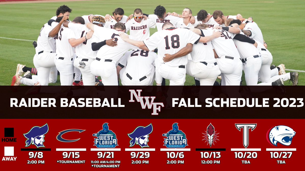 🚨🚨🚨 Fall Schedule Release

* All games are doubleheaders 

* 2 opportunities to come get an early look at the #24Raiders 

* 2 Games vs NCAA D1 opponents at <a href="/TroyTrojansBSB/">Troy Baseball ⚔️</a> and <a href="/SouthAlabamaBSB/">South Alabama Baseball</a> 

#GoRaiders #SoundTheSiren
