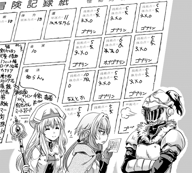 こちらは昔に描いたゴブリンスレイヤーの冒険記録紙。この頃から妖精弓手は小柄という先入観があったので、それが払拭されたのはありがたいです!むしろ女神官ちゃんの方が小柄。 
