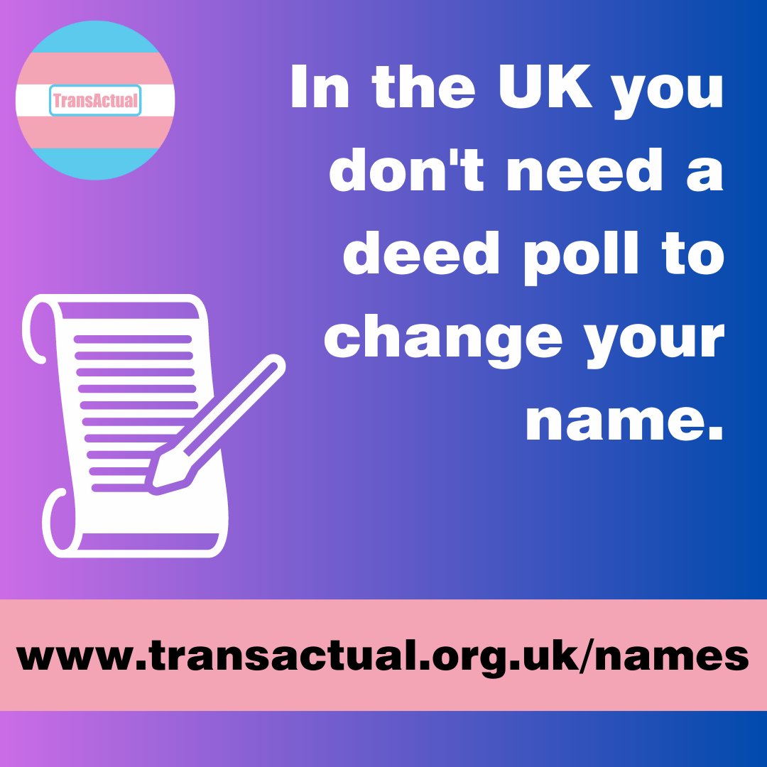 TransActualUK's tweet photo. Did you know you do not actually NEED a deed poll to change name?

Check out the new section just published by TransActual for everything you'll ever need to know on name change: https://t.co/NXsmPUgCHj

#Trans #Deedpoll #TransRights https://t.co/kf03S1Hu7G