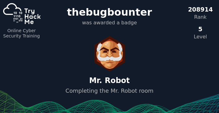 jaspreetinfosec's tweet image. I&apos;ve earned the Mr. Robot Badge on TryHackMe for Completing the Mr. Robot room tryhackme.com/thebugbounter/… #tryhackme via @realtryhackme