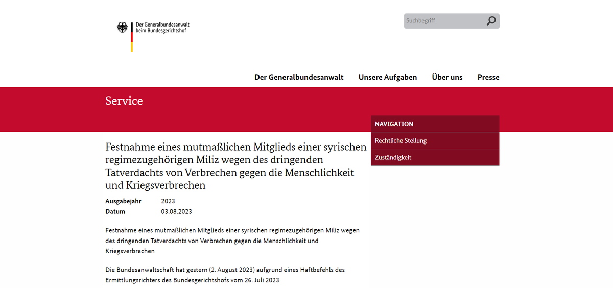 BREAKING: #Syria regime ex-militia leader arrested in Bremen, #Germany Ahmad H. stands is accused of #CrimesAgainstHumanity & #WarCrimes incl #Torture & slavery. Allegedly he personally participated in atrocity crimes against civilians ⚖️#JusticeMatters generalbundesanwalt.de/SharedDocs/Pre…