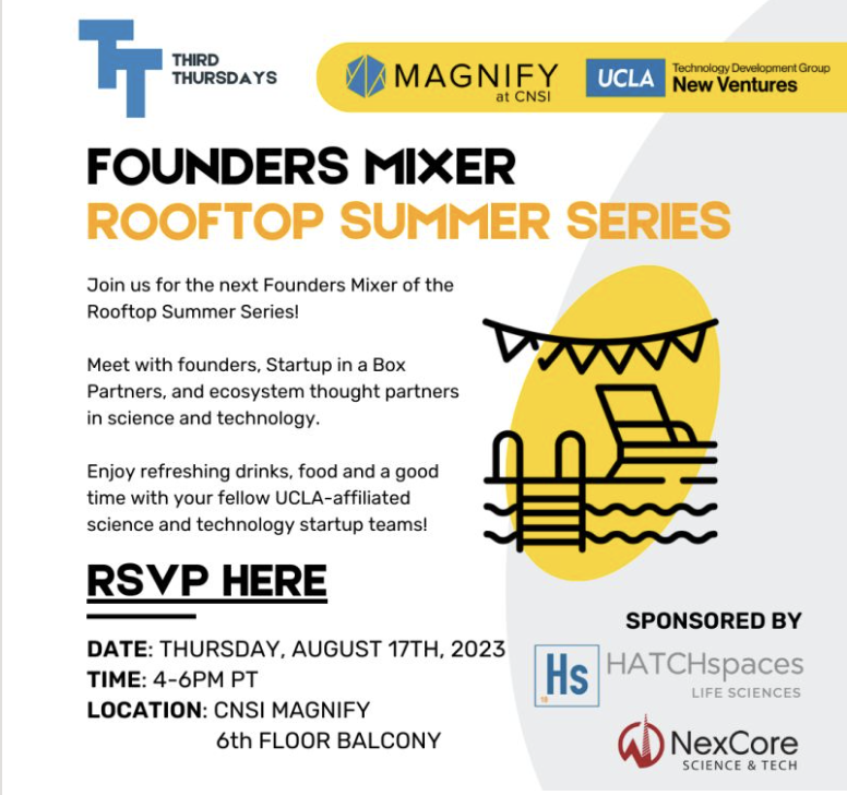 BioscienceLA's tweet photo. Startups— mark your calendars! Join @UCLATDG  August 17th for the next Third Thursday Founders Mixer, hosted by CNSI Magnify and UCLA New Ventures. 
 
RSVP here by 8/14: https://t.co/Z2VvRFtJwF 
#ThirdThursdays #UCLAStartups https://t.co/0qJ4LnB2QA