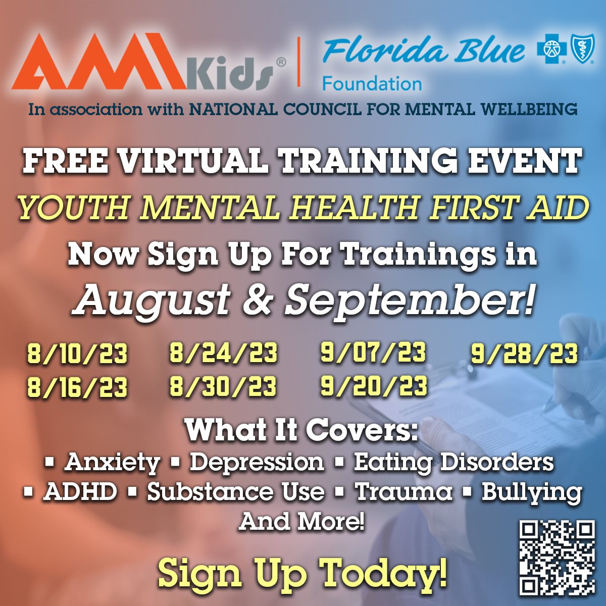 Take the first step towards making a difference in the lives of young people by signing up for Youth Mental Health First Aid Training in August and September! <a href="/FLBlue/">Florida Blue</a> 

Sign up today! 
surveymonkey.com/r/YMHFA2023

#MentalHealth #MentalHealthFirstAid #MentalHealthMatters