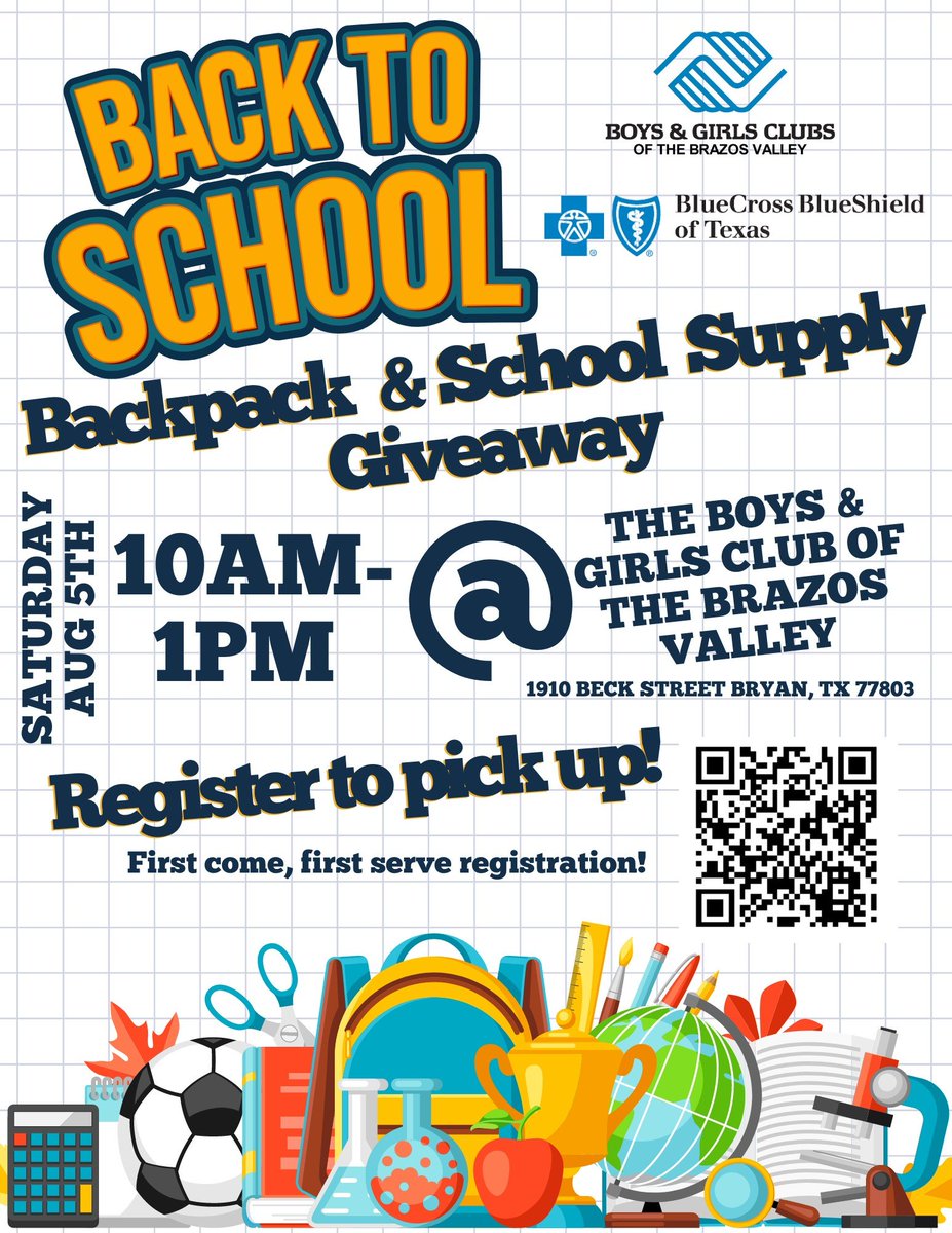 The <a href="/BGCBrazosValley/">Boys and Girls Clubs of the Brazos Valley</a> and <a href="/BCBSTX/">BCBSTX</a> are hosting a Back to School Backpack and School Supply Giveaway on August 5th! 🎒 Visit flipcause.com/secure/cause_p… to learn more and register.