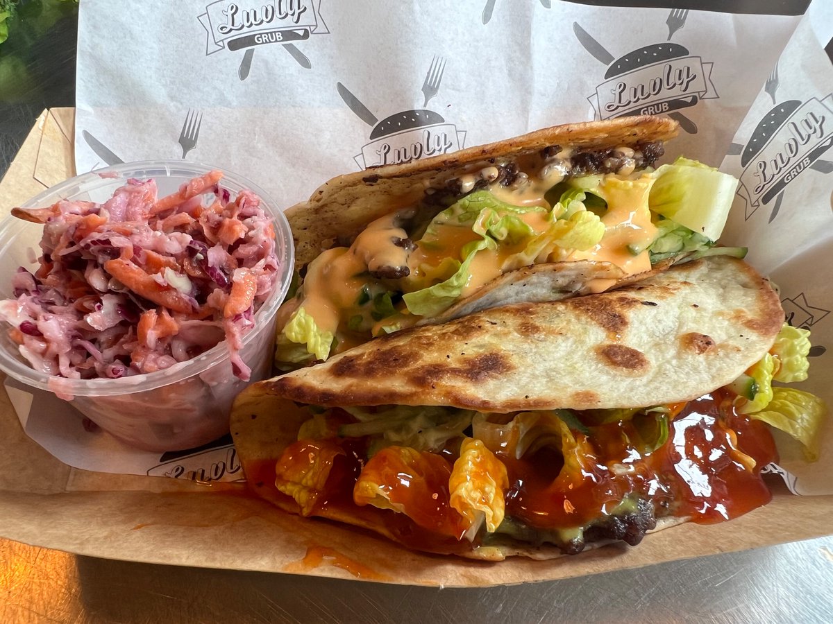 Hi all, these are our Big Mac Smash Burger Tacos with our own Big Mac Burger Sauce and a side of home-made coleslaw, available from tomorrow and we are open 9.30-2pm Competition: 2 lots of Tacos, 2 drinks, please like, share or comment to enter, winner announced Sat am #luvlygrub
