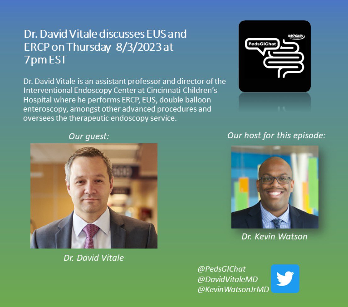 Today is the day!! All new #pedsgichat with @DavidVitaleMD. Come learn about #ERCP and #EUS from one of the best!! 💯
