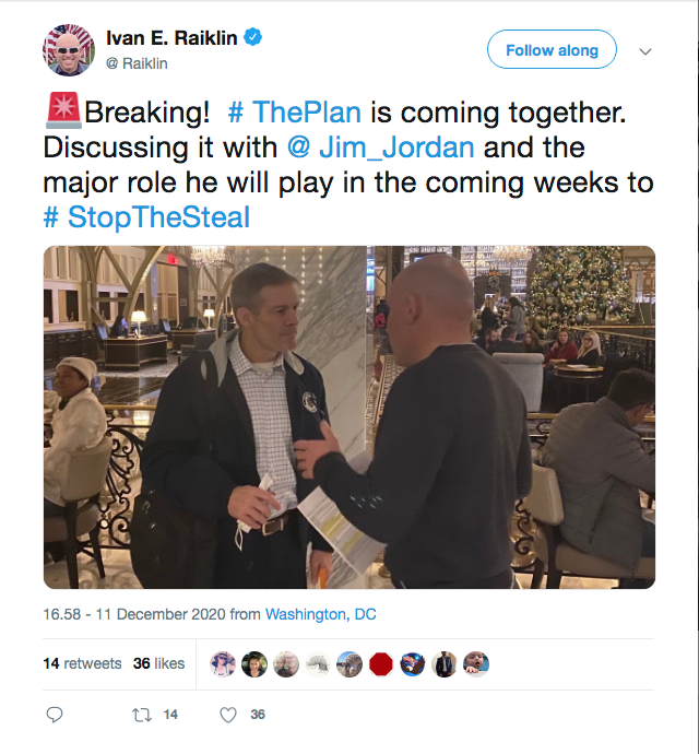 ushadrons's tweet photo. @Jim_Jordan played a "major role" in Trump's electoral coup attempt. Here is General Michael Flynn's operative Ivan Raiklin publicly announcing Jordan's participation on December 11, 2020.
    https://t.co/trFymRUAqP https://t.co/2sI4xHx5ie