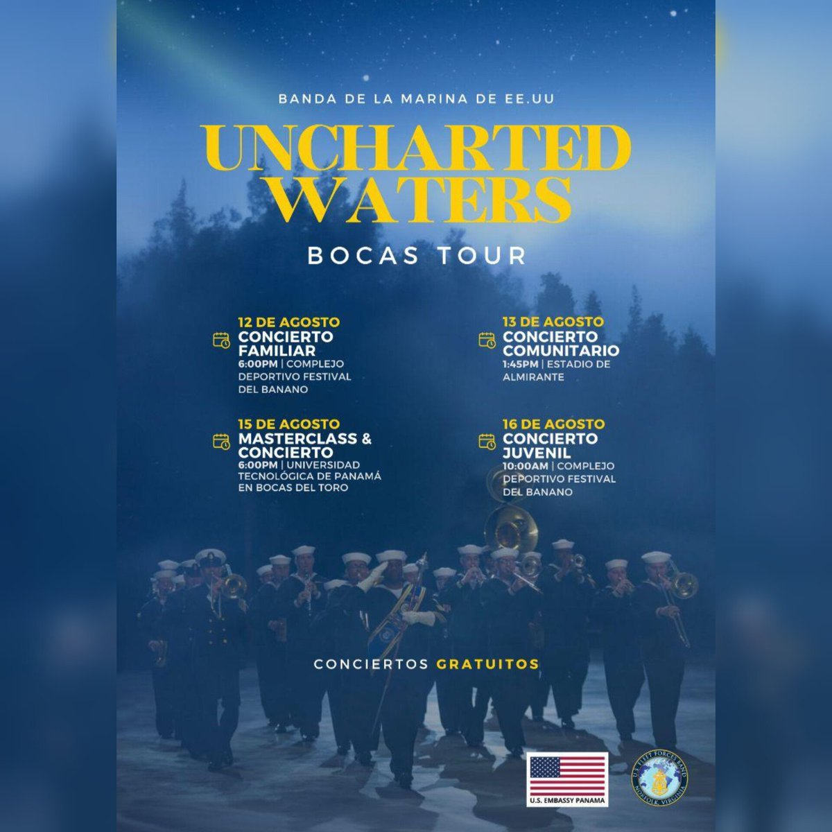Conciertos Gratuitos
Banda de la Marina de EE.UU
El 15 de agosto le toca a la #UTPBocas
¡Te esperamos! @usembpan