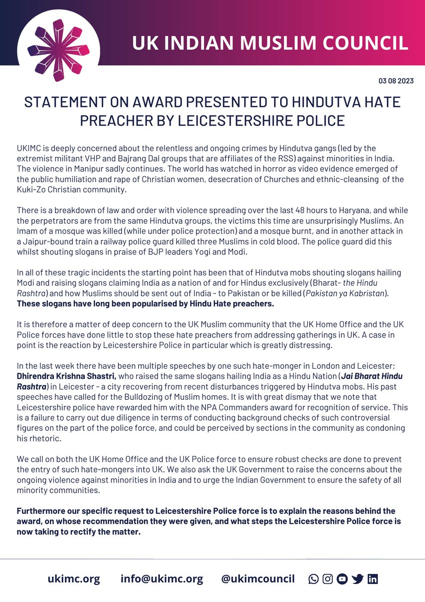 UKIMCouncil's tweet photo. Statement on award presented to Hindutva hate preacher by Leicestershire Police

@CityMayorLeic @leicspolice @leicslive @FMO_Leics @mendcommunity @ukhomeoffice @ClaudiaWebbe @JonAshworth @leicesterliz  @AmnestyUK @AIIndia @IAMCouncil @5Pillarsuk  @Islamchannel @maktoobmedia https://t.co/1mp25XYhg7