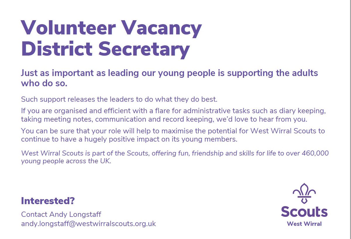 We have a vacancy on our District Trustee Board for a Secretary. 
For more info or to apply please contact us, we welcome interest from people with Scouting experience or those who wish to join Scouting. 
A role description can be found at scouts.org.uk/volunteers/run… #wirral