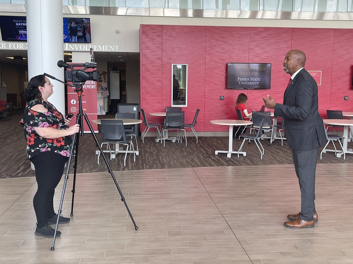 FerrisState's tweet photo. You know we’re getting close to the start of a new academic year when President Pink is filming messages welcoming our students back to campus. Stay tuned. https://t.co/bHGIyjna9O