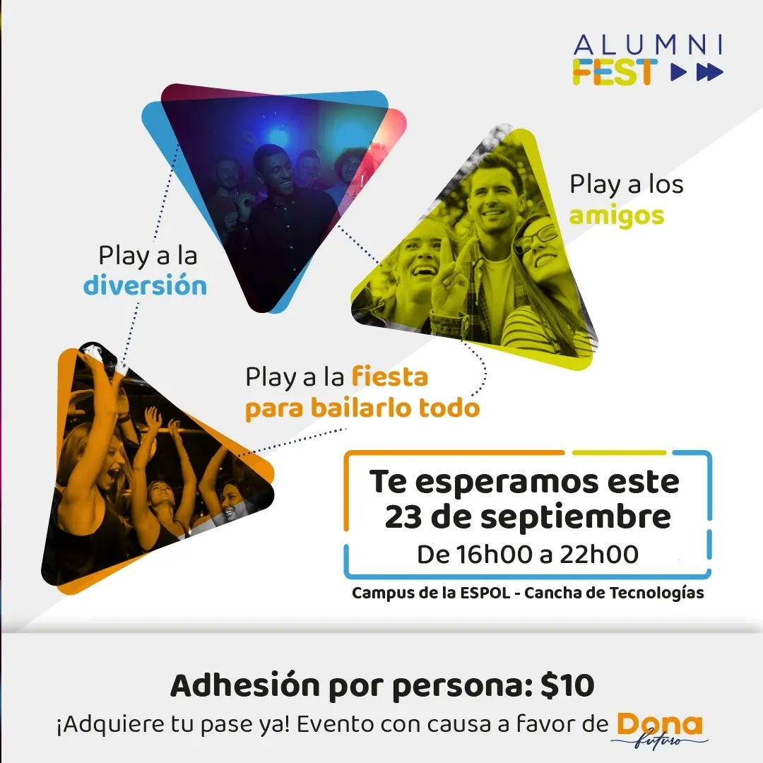 🎶🎉 ¡Prepárate para darle play al reencuentro politécnico más esperado! 🎶🎉

Te esperamos este 23 de septiembre en el campus de ESPOL para que juntos creemos una tarde/noche épica llena de notas inolvidables.

Adquiere tu pase en:
alumnifest.espol.edu.ec

#ReencuentroESPOL