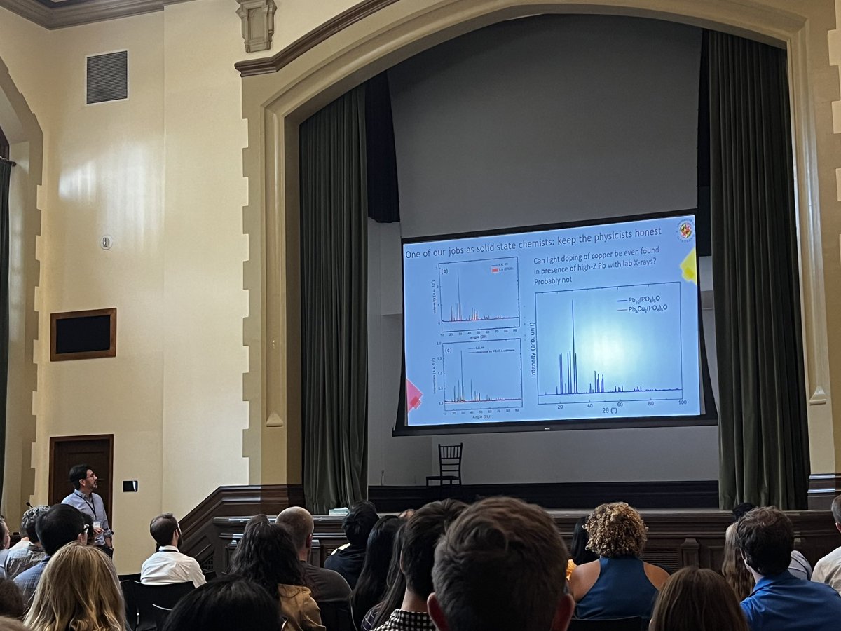 <a href="/RodriguezLabUMD/">Rodriguez Group UMD</a> calling out the audience at #NASSCC to “keep the physicists honest” on #LK99! #showmethepowder