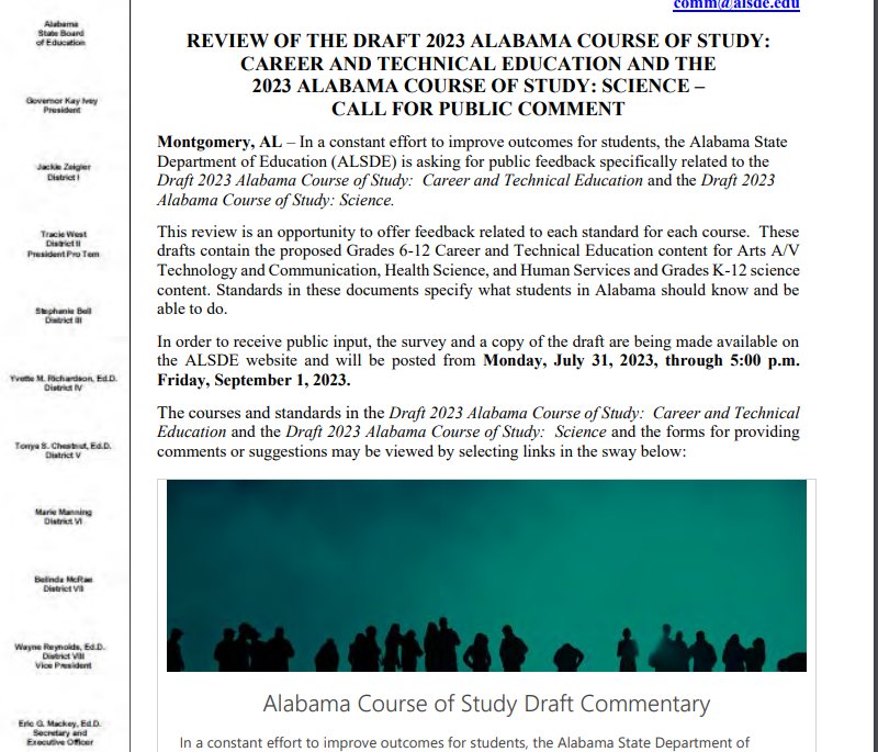 Trisha Powell Crain (@trish_crain) on Twitter photo LOOK! Alabama is considering a new set of science standards and an updated course of study. <a href="/AlabamaAchieves/">Alabama State Department of Education</a> has posted the draft and the public is invited to weigh in. Deadline for comment is Sept. 1. Links are here: alabamaachieves.org/wp-content/upl… #aledchat LOOK! Alabama is considering a new set of science standards and an updated course of study. <a href="/AlabamaAchieves/">Alabama State Department of Education</a> has posted the draft and the public is invited to weigh in. Deadline for comment is Sept. 1. Links are here: alabamaachieves.org/wp-content/upl… #aledchat
