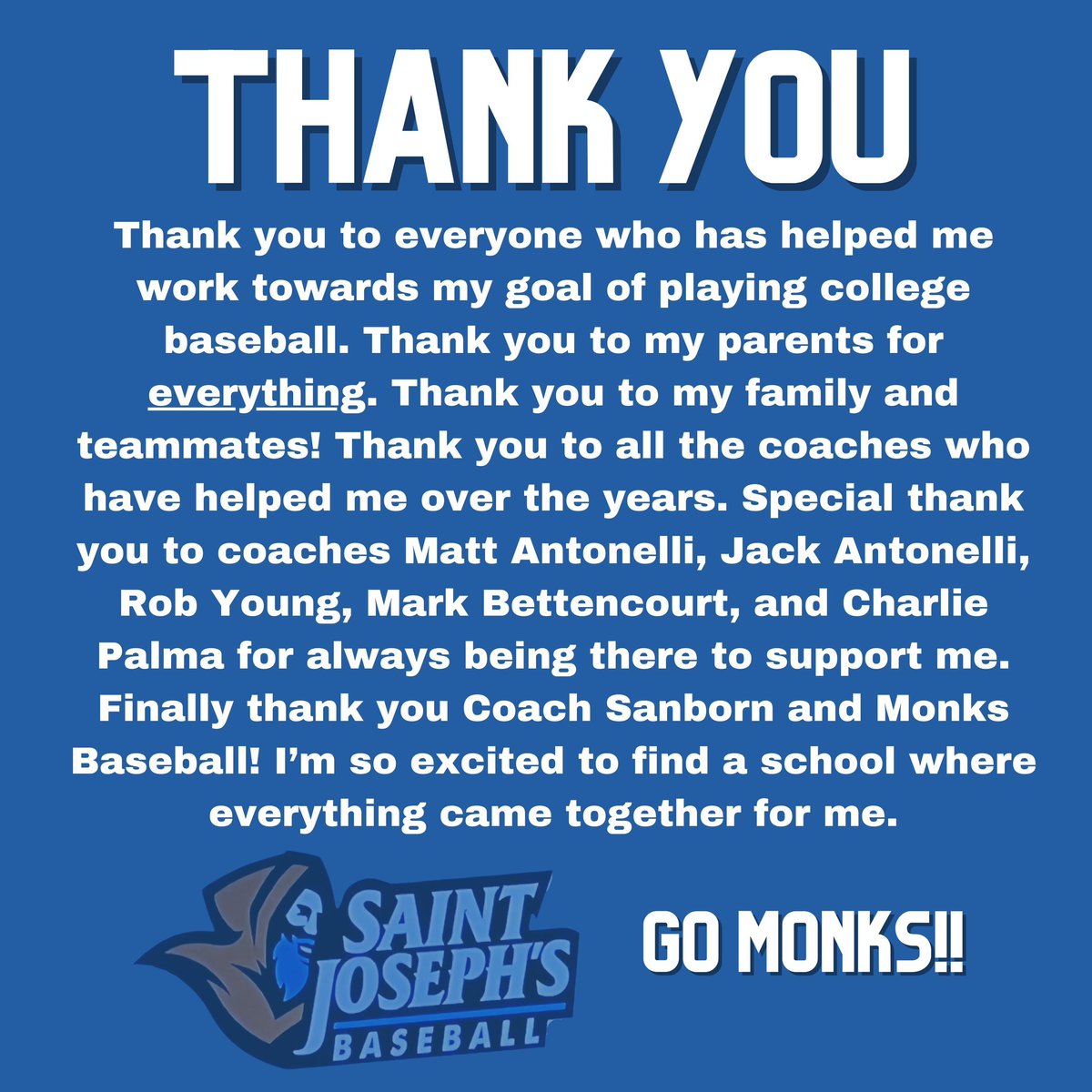 I’m excited to announce that I have committed to <a href="/SaintJosephsME/">Saint Joseph's College of Maine</a> and <a href="/Monks_Baseball/">Saint Joseph's College Baseball</a> Go Monks!!