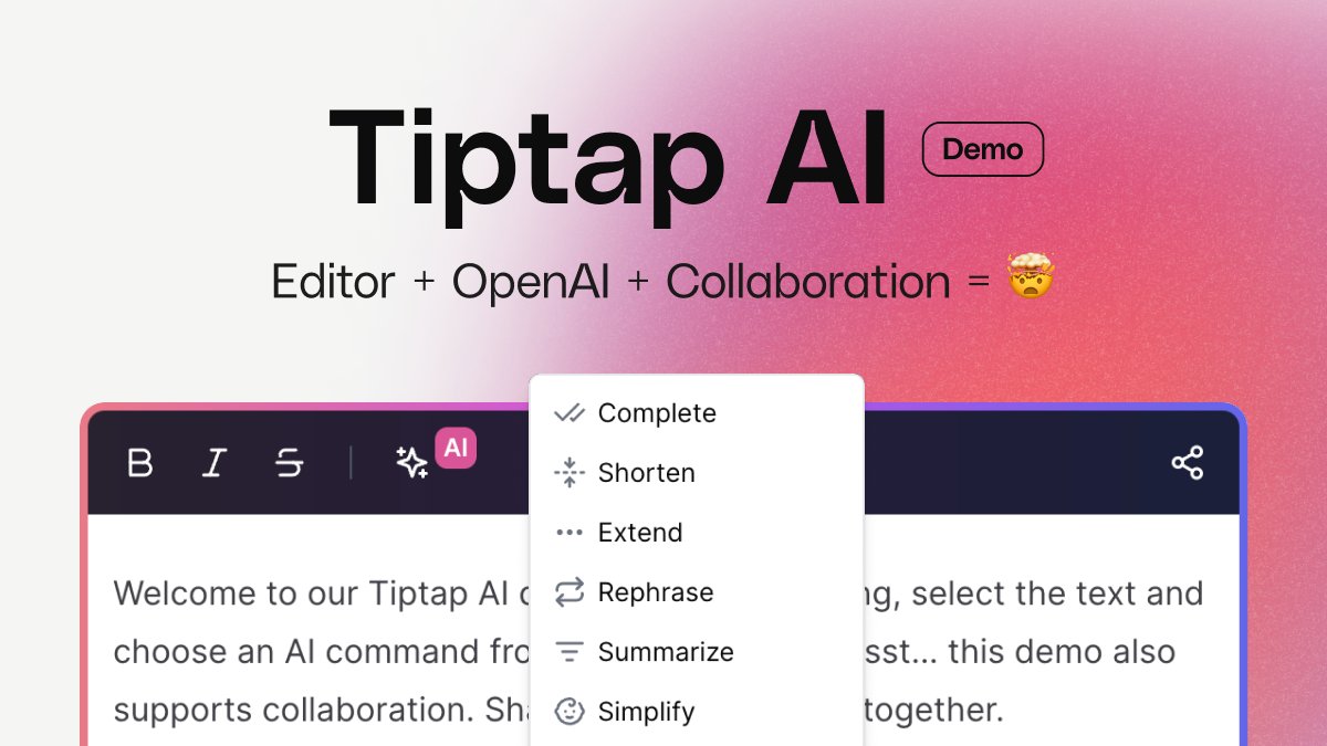 tiptap_editor's tweet photo. Maybe we (and by „we“ I mean @herrkpunkt ) have built a slick demo for Tiptap’s new AI + real-time collaboration feature. Share your link to the demo to collaborate and AI’ish everything: https://t.co/dquEYX3vlB https://t.co/KVzmyTRhxO