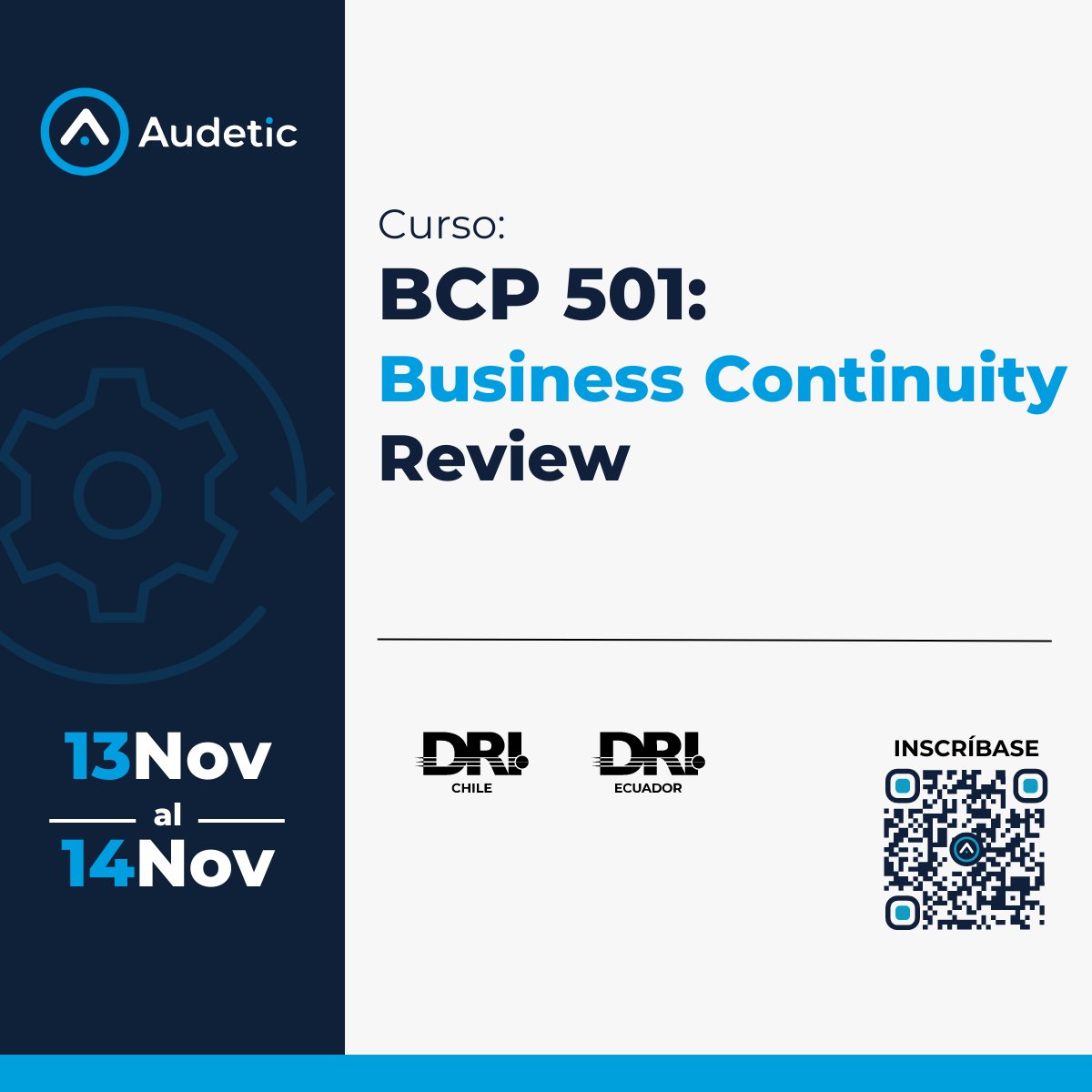 Audetic's tweet photo. Curso oficial del DRI International en #continuidad #negocio, “BCP 501: Business Continuity Review”.
Información e inscripciones en: https://t.co/uq0hxa9zCR
¡Lo esperamos!
#Capacitacion #BCP501 #ContinuidadNegocio #Curso #DRI #DRIChile #DRIEcuador #ABCP #CBCP https://t.co/G7h3vRXSZP
