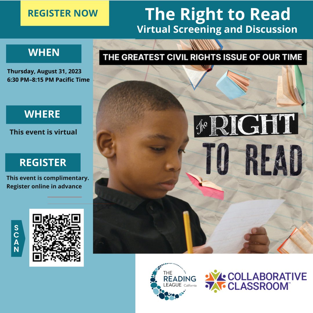 Pease join us on August 31st at 6:30PM as we view the documentary, The Right to Read and then engage in a discussion of how we can advance the science of reading movement in our state.
✨ Register HERE:
collabclass.link/rtrca

#TheRightToRead #TheReadingLeagueCalifornia #SOR