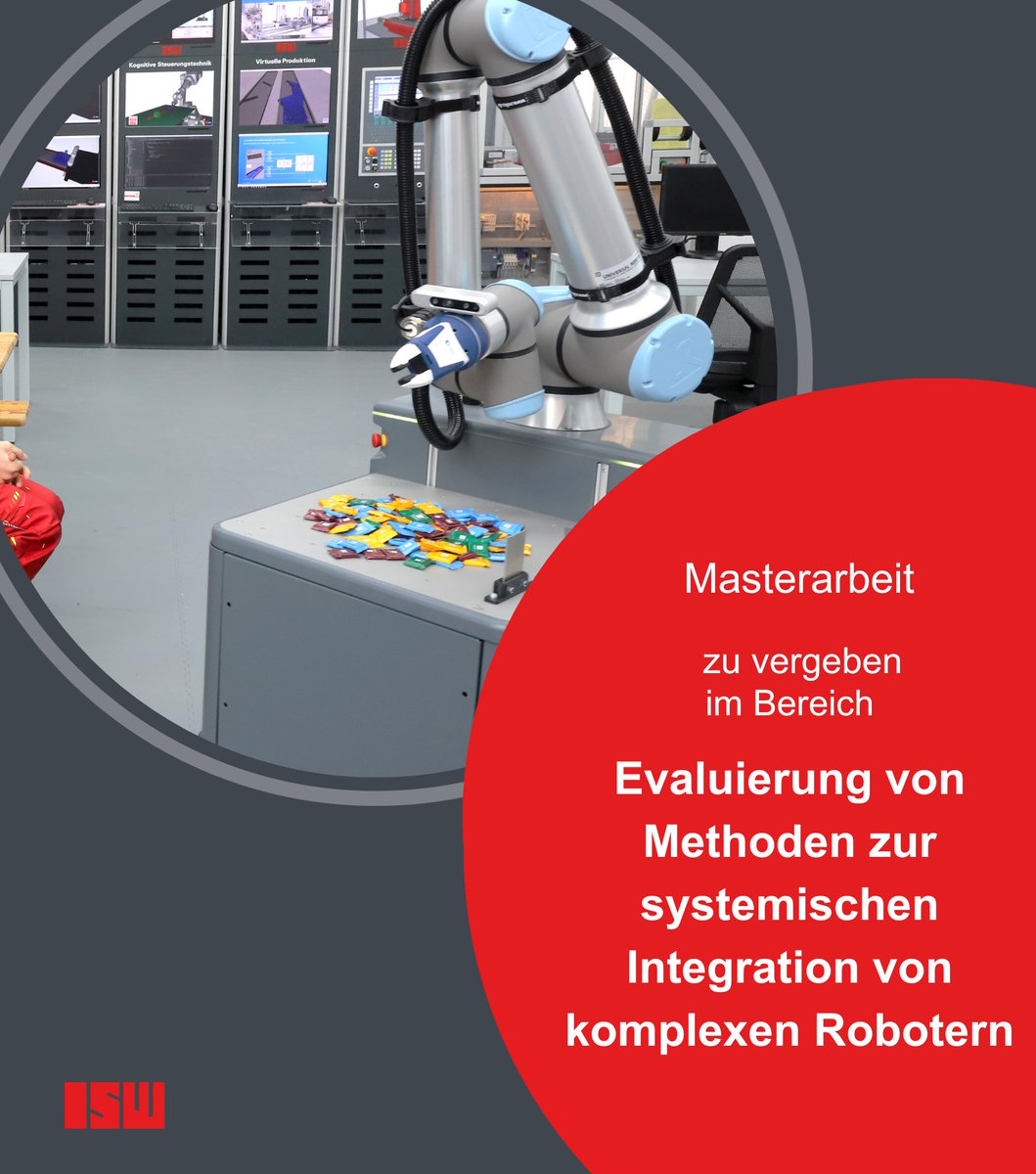 Studentische Ausschreibung im Bereich: Evaluierung von Methoden zur systemischen Integration von komplexen Robotern.

👉 Weitere Informationen zur Ausschreibung: lnkd.in/diFBmGFa

Kontakt: Andreas Wortmann
#ISW #Robotersysteme #masterarbeit