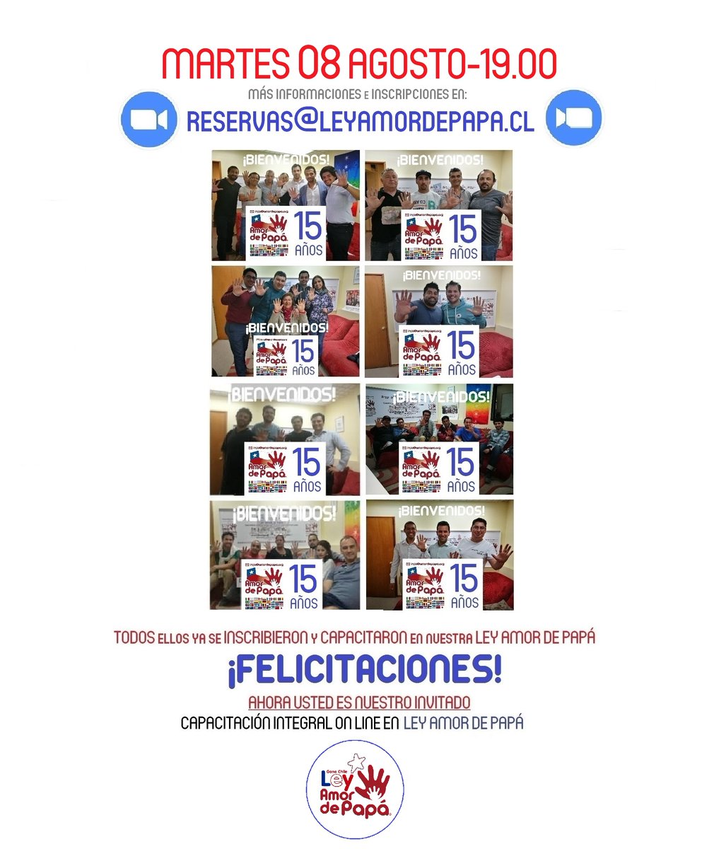 AmordePapa's tweet photo. TODOS ELLOS  FELICES Y EMPODERADOS TRAS HABERSE CAPACITADO EN NUESTRA #LEYAMORDEPAPÁ

Ahora lo esperamos a UD.
Escríbanos a mail: reservas@leyamordepapa.cl

LA INVITACIÓN ESTÁ HECHA

¿HASTA CUÁNDO ESPERARÁ PARA DEFENDER LOS DERECHOS DE SUS HIJOS?

Visite:  https://t.co/JvIp16yrbP https://t.co/furZmnjjYV