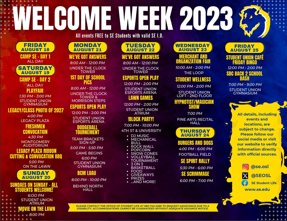 SEOSL's tweet photo. Updated Schedule- #SEWelcomeWeek is almost here, Aug 18-25! Magician acts to stun you, a hypnotist to mesmerize, a Block party with DJ music to groove to, food to feast on, and lots of fun await. Remember, this is just the calm before the Storm! # Retweet #SEBound #SESpirit #MySE https://t.co/HBHQqYBU9e