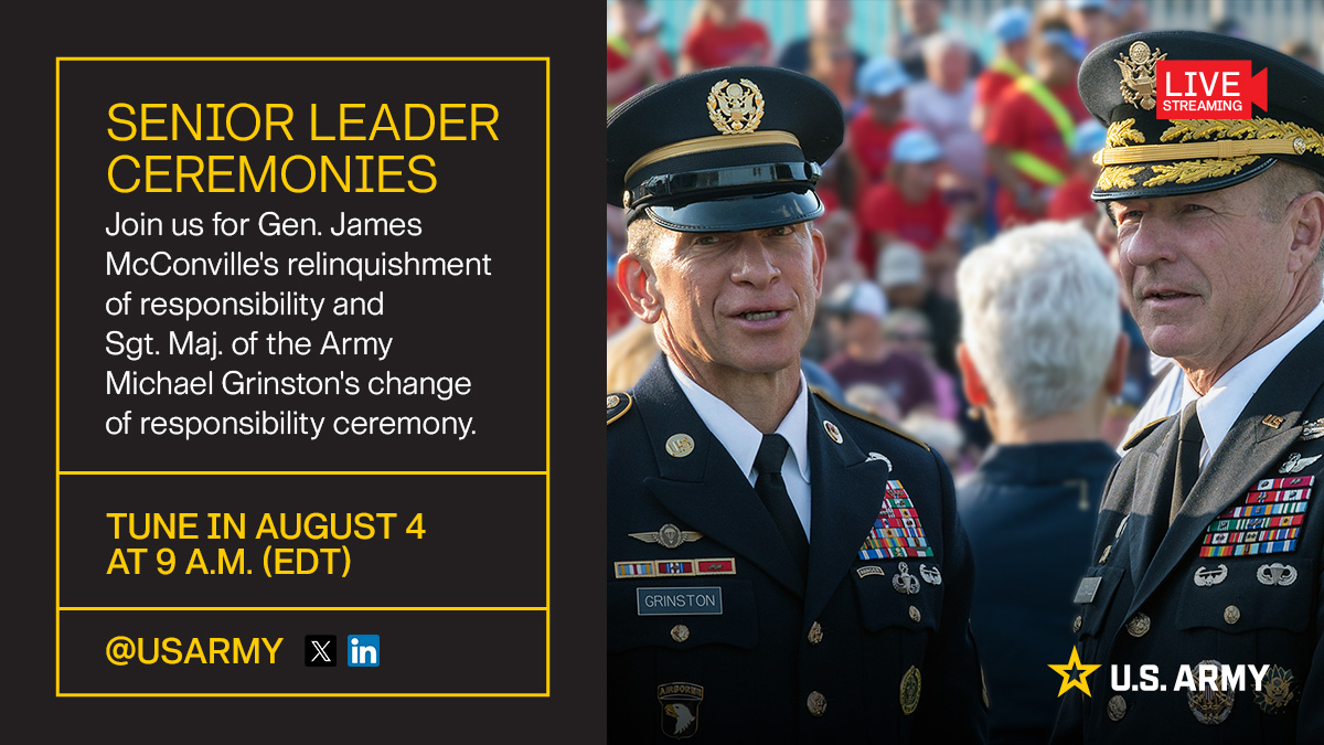 USArmy's tweet photo. Starting tomorrow at 9 a.m. (EDT), join us for Chief of Staff of the #USArmy Gen. James McConville's relinquishment of responsibility ceremony and Sgt. Maj. of the Army Michael Grinston's change of responsibility ceremony.

📺 Watch right here on our account. https://t.co/dIybwzy3Eq