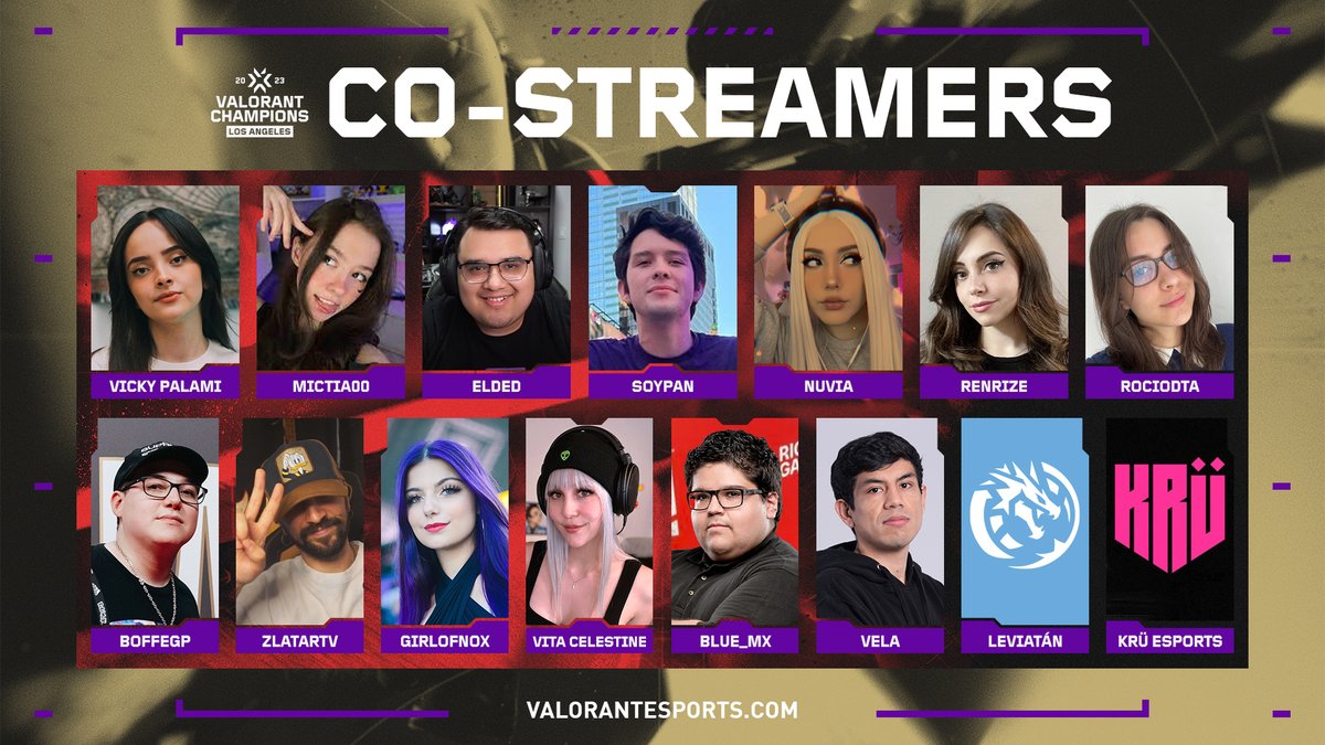 ¡Saluden a los co-streamers #VALORANTChampions! 🔥

📺<a href="/vickypalami/">Vicky</a>
📺<a href="/Mictia00/">Micti</a>
📺<a href="/dedreviil/">elded</a>
📺<a href="/SoyPan__/">SoyPan 🍞</a>
📺<a href="/Nuvia_OuO/">2AM Nuvia 🩵</a>
📺<a href="/renrize/">ren</a>
📺<a href="/rociodta/">rocio🧸🪩</a>
📺<a href="/BoffeGP/">Boffe GP</a>
📺<a href="/TvZlatar/">Zlatar</a>
📺<a href="/GirlOfNox/">GirlOfNox</a>
📺<a href="/vitacelestine/">Vita Celestine</a>
📺<a href="/blue_mx/"></a>
📺<a href="/ez_vela/"></a>
📺@leviatangg
📺@kruesports

+Info:
valorantesports.com