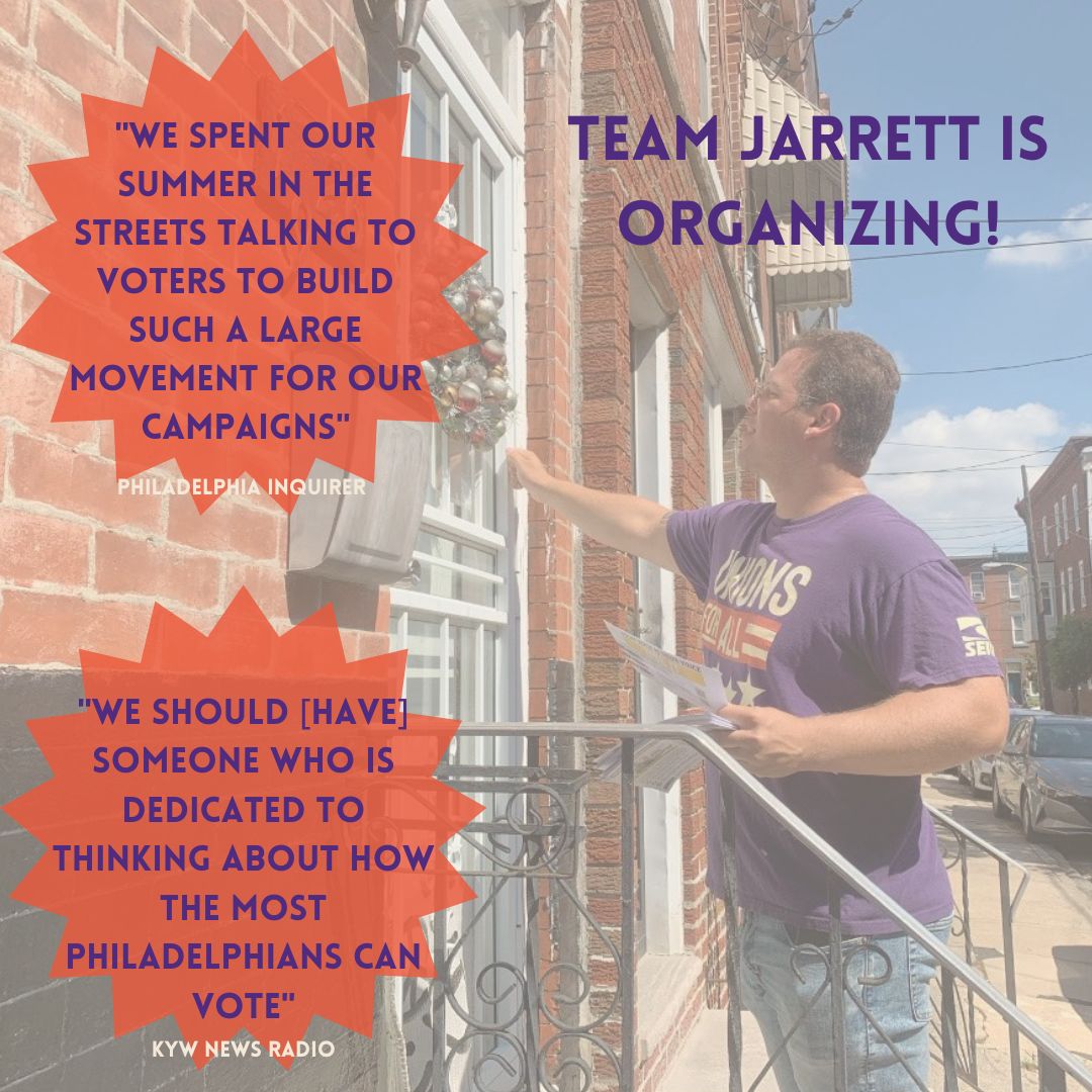 JarrettBSmith's tweet photo. Our team is building a powerful grassroots movement! In the Commissioner's Office I'll continue to be out in the community to make sure all Philadelphians have a chance to vote. If you haven't already, check out the features @phillyinquirer and @kywnewsradio wrote on our race! https://t.co/AJpOo3blzO