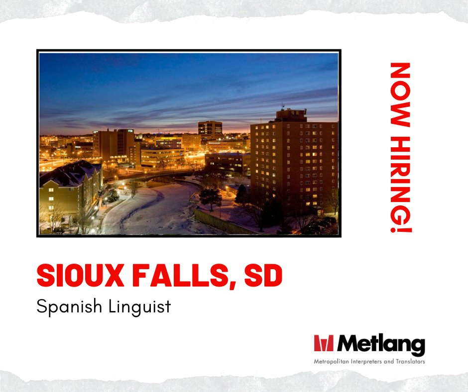 MetLangJobs's tweet photo. Calling all Spanish Linguists in Sioux Falls, SD. 
Metlang is hiring! 

Click the link in our bio to apply or to see where else we are hiring!

#NowHiring #Recruiting #Translators #Translation #Transcription #Interpreter #Interpretation #Bilingual #Linguist #Metlang #Spanish https://t.co/diowwelk8K