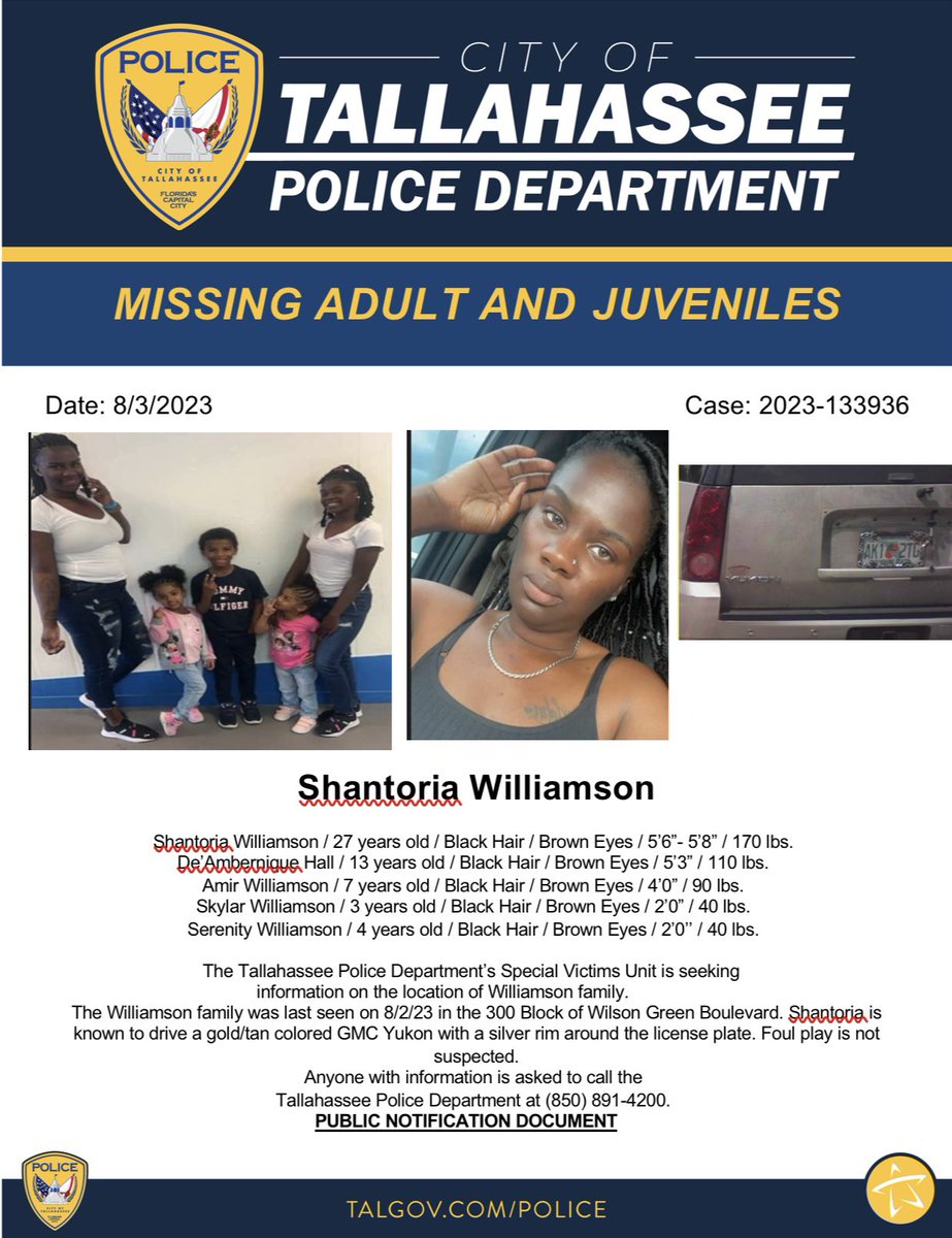 TallyPD's tweet photo. Please share to help locate the Williamsons. If you have information regarding their whereabouts, please call TPD at 850-891-4200. https://t.co/R62QrvaPBy
