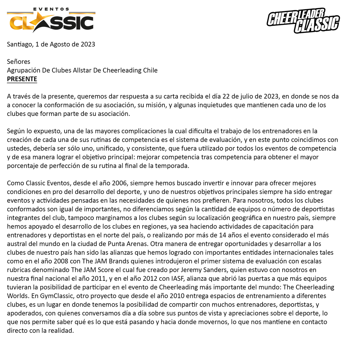 CheerClassic's tweet photo. Hacemos pública nuestra respuesta a la carta recibida de parte de la Agrupación de Clubes All Stars de Chile y, como lo hemos hecho desde el año 2006, seguimos comprometidos con el desarrollo del deporte en nuestro país y el mundo.

#cheerleading #cheer #Chile #cheerleaderclassic https://t.co/454j0YNWf7