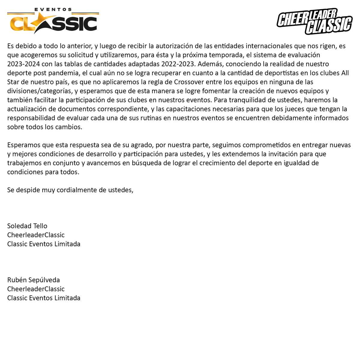 CheerClassic's tweet photo. Hacemos pública nuestra respuesta a la carta recibida de parte de la Agrupación de Clubes All Stars de Chile y, como lo hemos hecho desde el año 2006, seguimos comprometidos con el desarrollo del deporte en nuestro país y el mundo.

#cheerleading #cheer #Chile #cheerleaderclassic https://t.co/454j0YNWf7