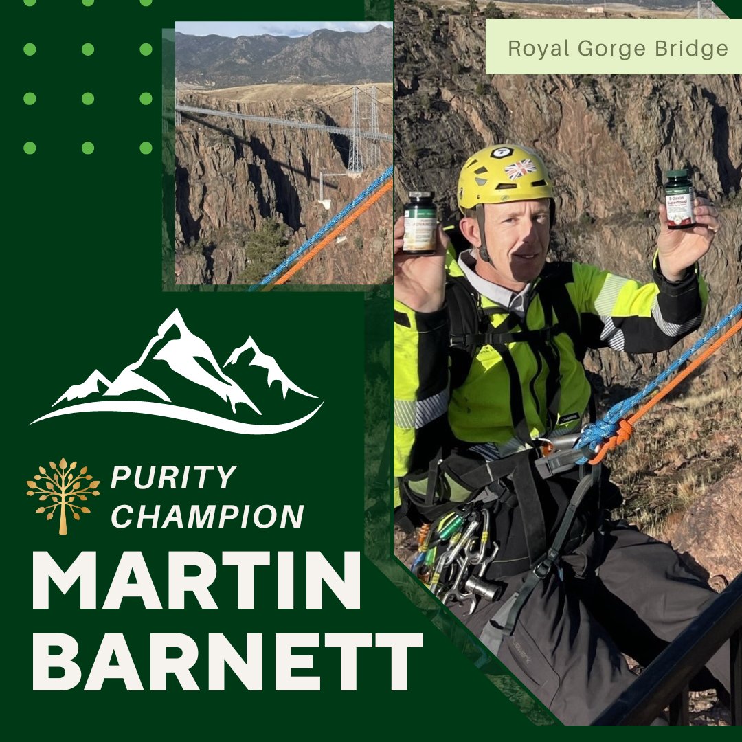 Meet Purity Champion, Martin Barnett, taking on the Royal Gorge Bridge! 💪 Fueled by our supplements, he’s redefining limits. #PurityChampion #PurityProducts #EnjoyLifeHealthier