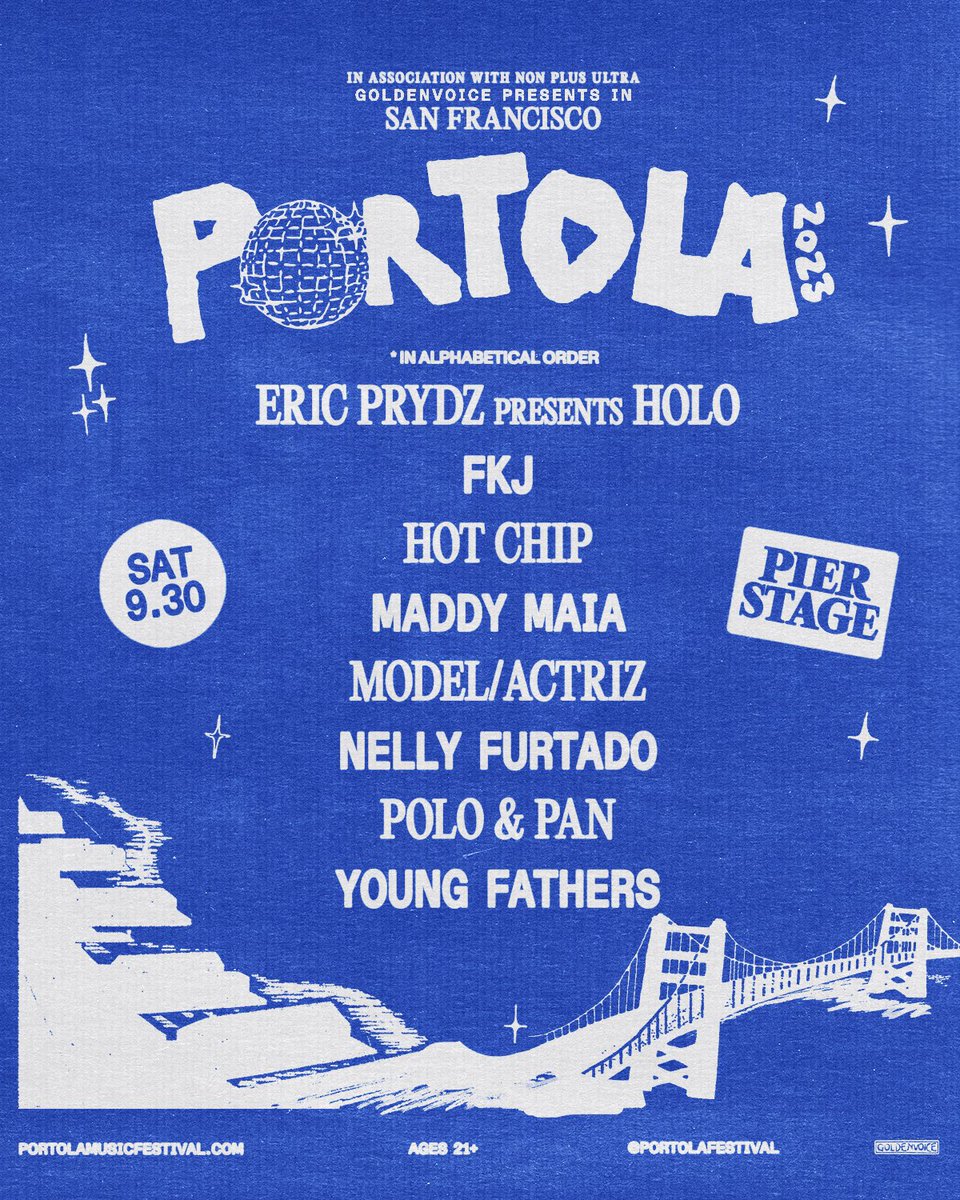 PortolaFestival's tweet photo. Hear ye hear ye… we present this year’s Pier Stage lineup. Plus surprise appearances from the SF skyline and ~maybe~ our city’s very own @karlthefog https://t.co/eUgY6gZpQ3